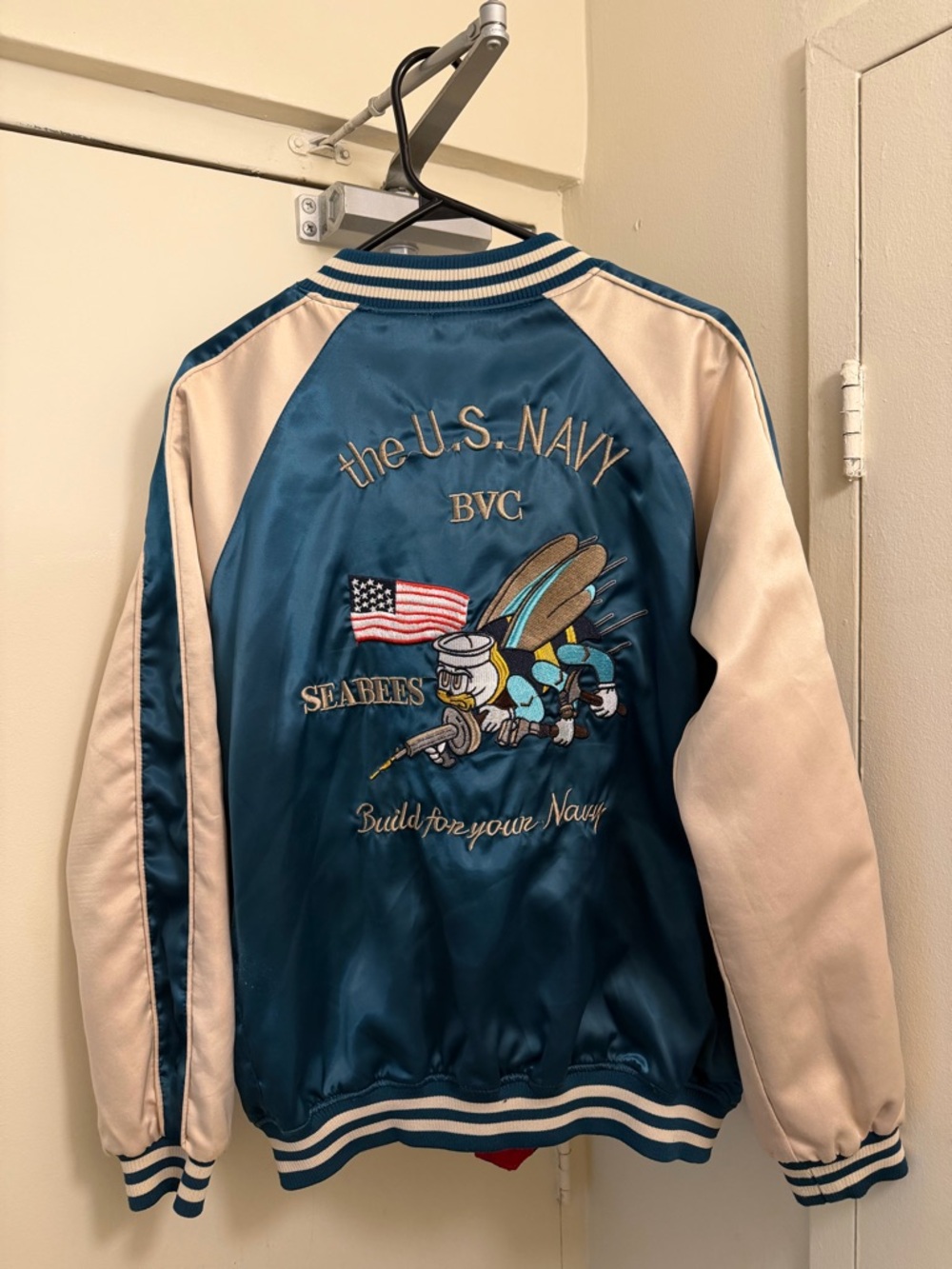 U.S. Navy Seabees Satin 2 in 1 Bomber Jacket in Teal and Cream